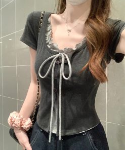 2025 Women's Short Sleeve T-Shirt with Square Neckline, Unique Design, Stylish Summer Top