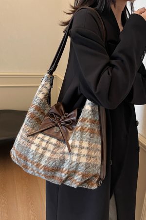 2025 Women's Spring Summer Woolen Tote Bag - Korean Style Bow Shoulder Commuting Backpack, Dual-Use Fashion Accessory