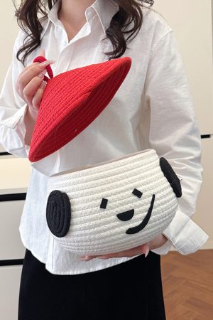 2025 Women's Summer Woven Beach Bucket Bag - Stylish Cartoon Design, Cute Storage Tote for Seaside Vacations