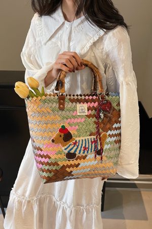 2025 Women's Summer Woven Tote Bag with Bamboo Handle - Large Capacity Beach Bag, Stylish Vegetable Basket for Seaside Vacations