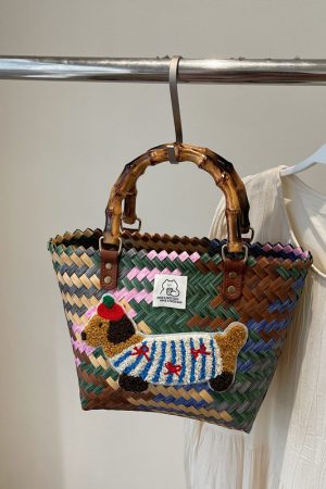 2025 Women's Summer Woven Tote Bag with Bamboo Handle - Large Capacity Beach Bag, Stylish Vegetable Basket for Seaside Vacations