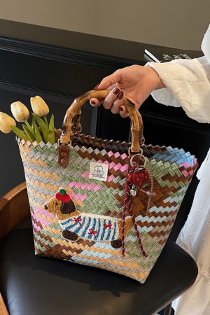 2025 Women's Summer Woven Tote Bag with Bamboo Handle - Large Capacity Beach Bag, Stylish Vegetable Basket for Seaside Vacations