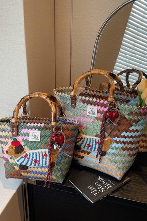 2025 Women's Summer Woven Tote Bag with Bamboo Handle - Large Capacity Beach Bag, Stylish Vegetable Basket for Seaside Vacations