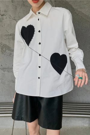 3 Girls Drawing, Y2k Style Drawing - Heart Patch Button-Up Shirt