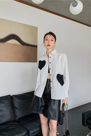 3 Girls Drawing, Y2k Style Drawing - Heart Patch Button-Up Shirt