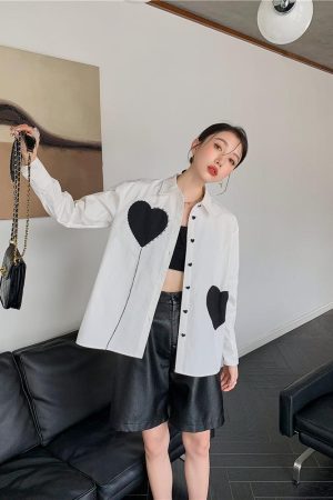 3 Girls Drawing, Y2k Style Drawing - Heart Patch Button-Up Shirt