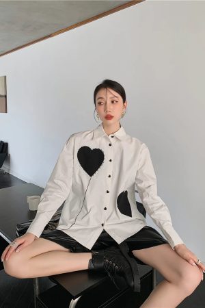 3 Girls Drawing, Y2k Style Drawing - Heart Patch Button-Up Shirt
