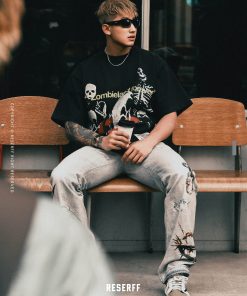 3D Digital Print Washed Distressed Wide-Leg Flared Jeans with RIRI Zipper - Y2K Inspired Fashion Statement