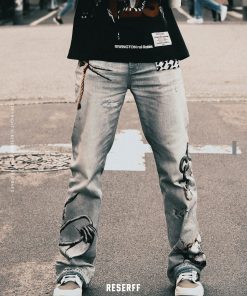 3D Digital Print Washed Distressed Wide-Leg Flared Jeans with RIRI Zipper - Y2K Inspired Fashion Statement