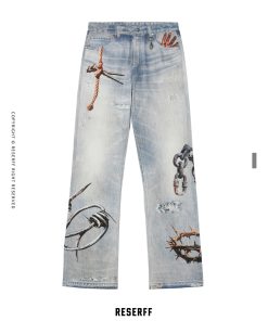 3D Digital Print Washed Distressed Wide-Leg Flared Jeans with RIRI Zipper - Y2K Inspired Fashion Statement