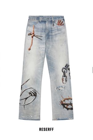 3D Digital Print Washed Distressed Wide-Leg Flared Jeans with RIRI Zipper - Y2K Inspired Fashion Statement