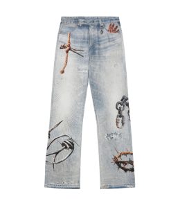 3D Digital Print Washed Distressed Wide-Leg Flared Jeans with RIRI Zipper - Y2K Inspired Fashion Statement