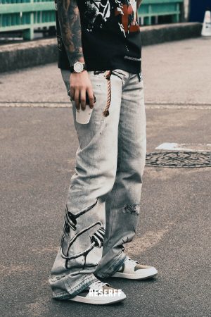 3D Digital Print Washed Distressed Wide-Leg Flared Jeans with RIRI Zipper - Y2K Inspired Fashion Statement
