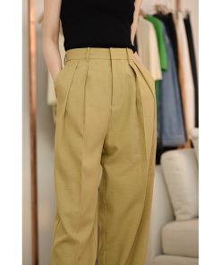 3D Double-Pleat Loose-Fit Trousers in Waltz Yarn - Versatile Women's Long Pants for Everyday Style