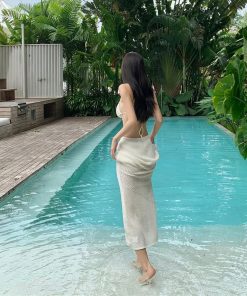 3D Flower Backless Bikini and Long Sleeve Knitted Beach Dress for Small Chest - Perfect for Island Vacation and Y2K Style