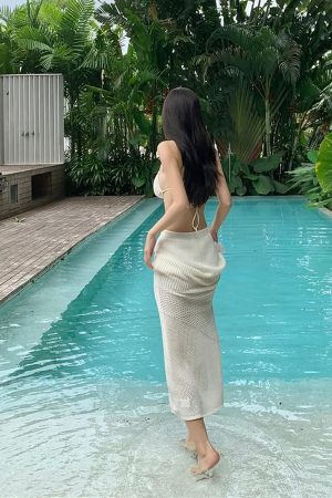 3D Flower Backless Bikini and Long Sleeve Knitted Beach Dress for Small Chest - Perfect for Island Vacation and Y2K Style
