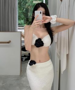 3D Flower Backless Bikini and Long Sleeve Knitted Beach Dress for Small Chest - Perfect for Island Vacation and Y2K Style