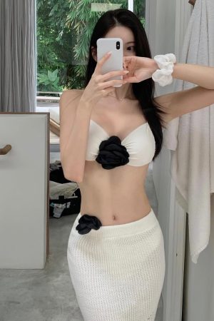3D Flower Backless Bikini and Long Sleeve Knitted Beach Dress for Small Chest - Perfect for Island Vacation and Y2K Style