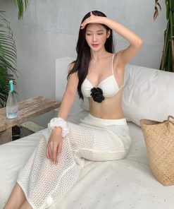 3D Flower Backless Bikini and Long Sleeve Knitted Beach Dress for Small Chest - Perfect for Island Vacation and Y2K Style