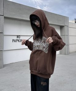 3D Pearl Letter Leopard Print Hoodie for Women, Unique American Style Sweatshirt, Trendy Couple Fashion, National Trend Look