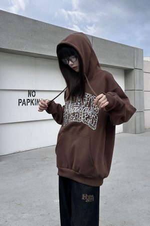 3D Pearl Letter Leopard Print Hoodie for Women, Unique American Style Sweatshirt, Trendy Couple Fashion, National Trend Look