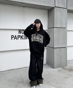 3D Pearl Letter Leopard Print Hoodie for Women, Unique American Style Sweatshirt, Trendy Couple Fashion, National Trend Look