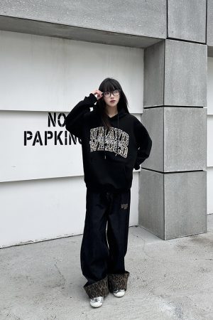 3D Pearl Letter Leopard Print Hoodie for Women, Unique American Style Sweatshirt, Trendy Couple Fashion, National Trend Look