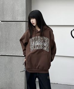 3D Pearl Letter Leopard Print Hoodie for Women, Unique American Style Sweatshirt, Trendy Couple Fashion, National Trend Look