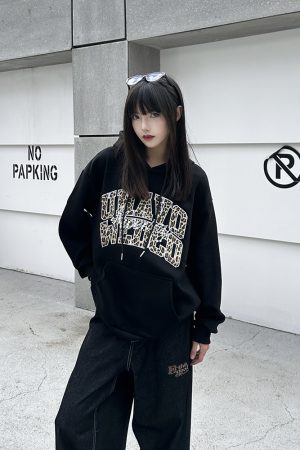 3D Pearl Letter Leopard Print Hoodie for Women, Unique American Style Sweatshirt, Trendy Couple Fashion, National Trend Look