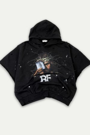 3D Printed Ink Splash Destruction Short Sleeve Hoodie - Loose Fit Streetwear T-Shirt for Urban Style Enthusiasts