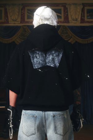 3D Printed Ink Splash Destruction Short Sleeve Hoodie - Loose Fit Streetwear T-Shirt for Urban Style Enthusiasts