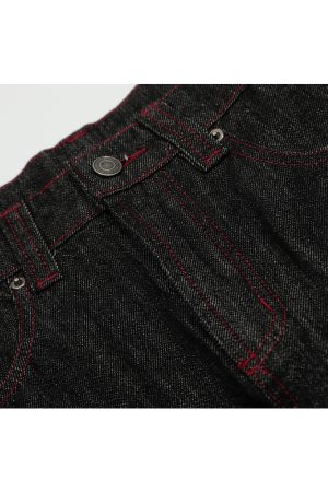 3D Scratch Red Line Design Summer Thin American Curved Blade Jeans for Men - Casual Y2K Style Fashion Apparel