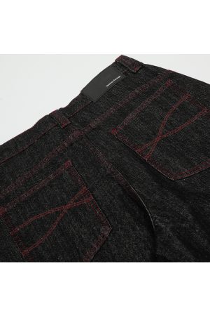 3D Scratch Red Line Design Summer Thin American Curved Blade Jeans for Men - Casual Y2K Style Fashion Apparel