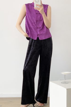 3D Soft Ice Flower Glossy Wide-Leg Velvet Pants for Women - Elastic Waist, Spring Collection, Y2K Fashion