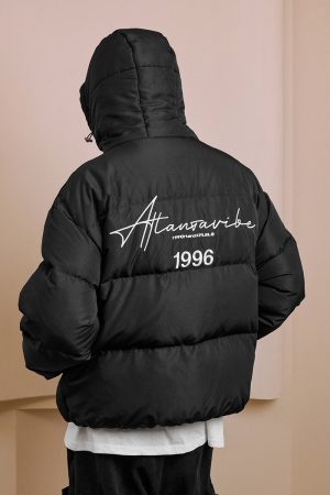 90s-Inspired White Duck Down Jacket with Handwritten Text Embroidery, Windproof & Adjustable Design