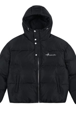 90s-Inspired White Duck Down Jacket with Handwritten Text Embroidery, Windproof & Adjustable Design