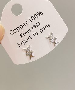 925 Silver Diamond Inlaid Four-Pointed Star Earrings for Women - Minimalist Exquisite Design, High-End Niche Style Jewelry