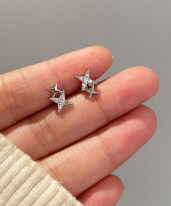 925 Silver Diamond Inlaid Four-Pointed Star Earrings for Women - Minimalist Exquisite Design, High-End Niche Style Jewelry