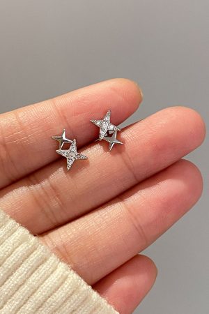 925 Silver Diamond Inlaid Four-Pointed Star Earrings for Women - Minimalist Exquisite Design, High-End Niche Style Jewelry