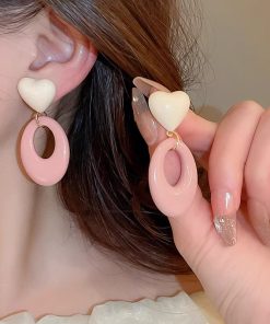 925 Silver Heart-Shaped Oval Pendant Earrings - Minimalist Light Luxury Fashion Jewelry for Elegant Style