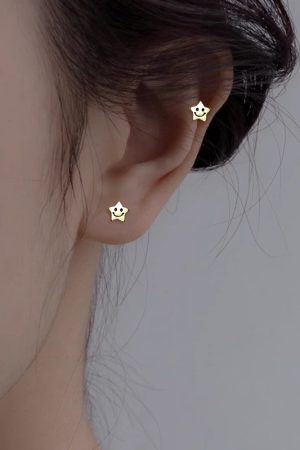 925 Silver Smiley Face Star Ear Bone Stud Earrings, Niche Personality, Exquisite Small High-End Design for Ear Piercings