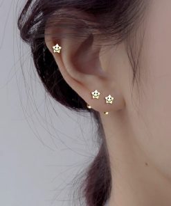 925 Silver Smiley Face Star Ear Bone Stud Earrings, Niche Personality, Exquisite Small High-End Design for Ear Piercings