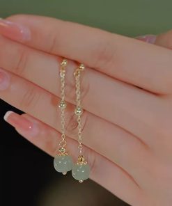 925 Sterling Silver Hetian Jade Stud Earrings - Niche Design, High-End Retro Lucky Bead Style for 2025