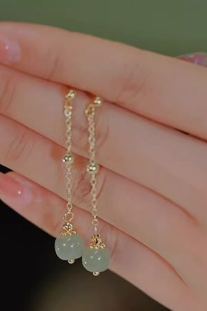 925 Sterling Silver Hetian Jade Stud Earrings - Niche Design, High-End Retro Lucky Bead Style for 2025