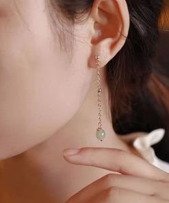 925 Sterling Silver Hetian Jade Stud Earrings - Niche Design, High-End Retro Lucky Bead Style for 2025
