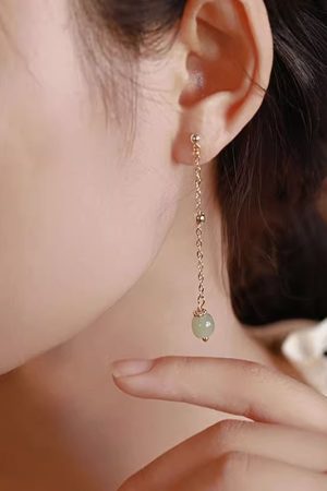 925 Sterling Silver Hetian Jade Stud Earrings - Niche Design, High-End Retro Lucky Bead Style for 2025