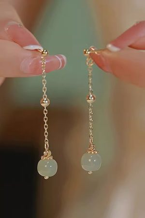 925 Sterling Silver Hetian Jade Stud Earrings - Niche Design, High-End Retro Lucky Bead Style for 2025