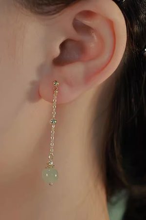 925 Sterling Silver Hetian Jade Stud Earrings - Niche Design, High-End Retro Lucky Bead Style for 2025