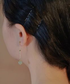 925 Sterling Silver Hetian Jade Stud Earrings - Niche Design, High-End Retro Lucky Bead Style for 2025