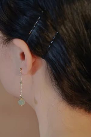 925 Sterling Silver Hetian Jade Stud Earrings - Niche Design, High-End Retro Lucky Bead Style for 2025